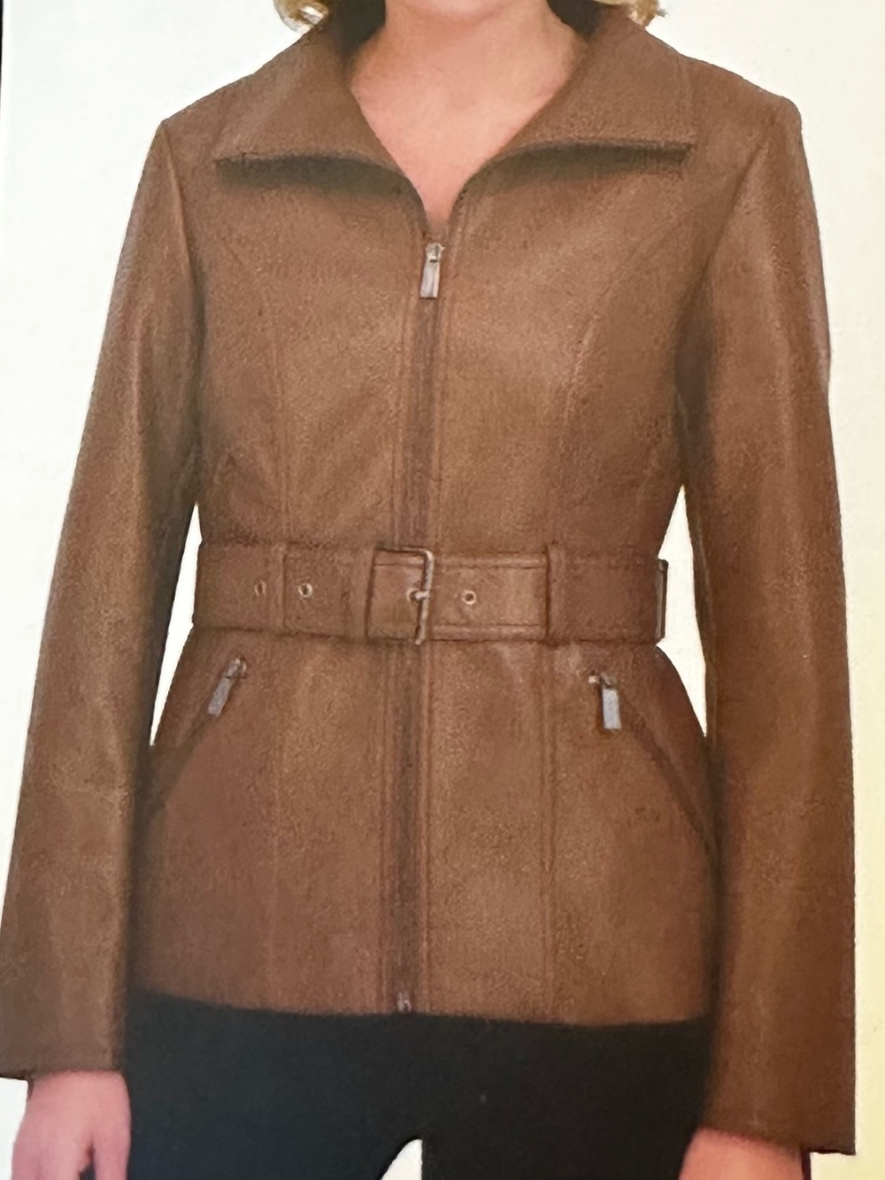 Kenneth Cole Faux Leather Brown Belted Zip Front Jacket